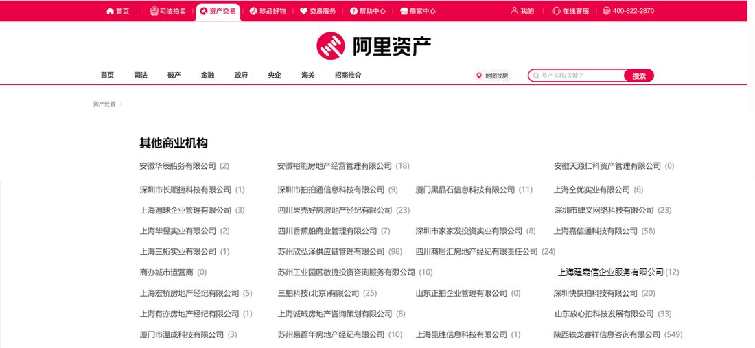 阿里资产官网其他商业机构列表,其中包含上海建嘉信企业服务有限公司